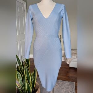 BEBE Dusk Blue Bandage Midi Dress V-Neck Size S